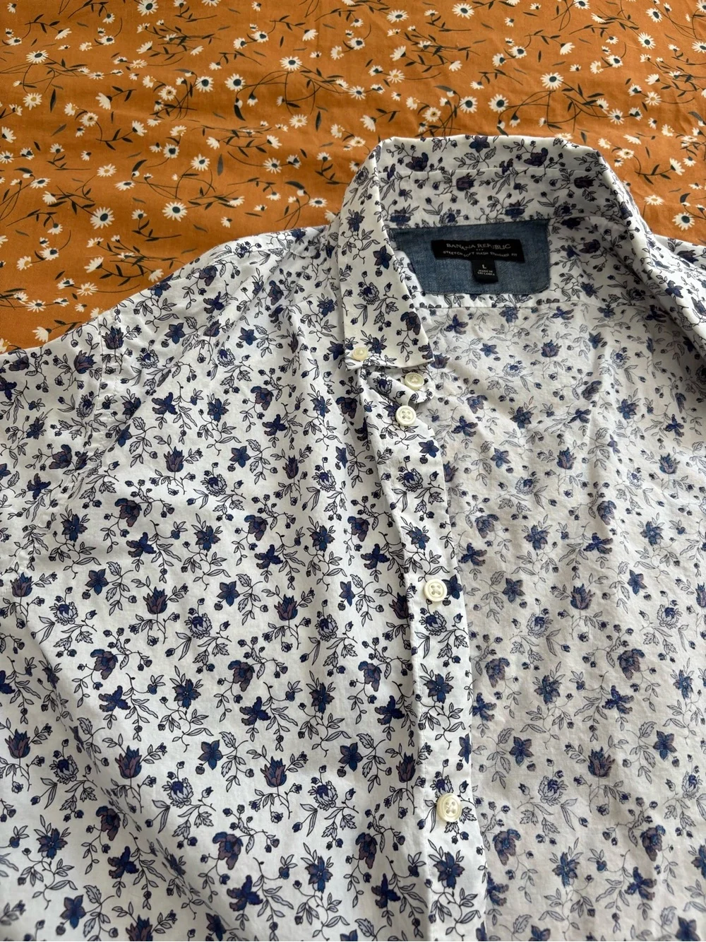 Banana Republic White Button-Down Shirt with Blue Floral Print